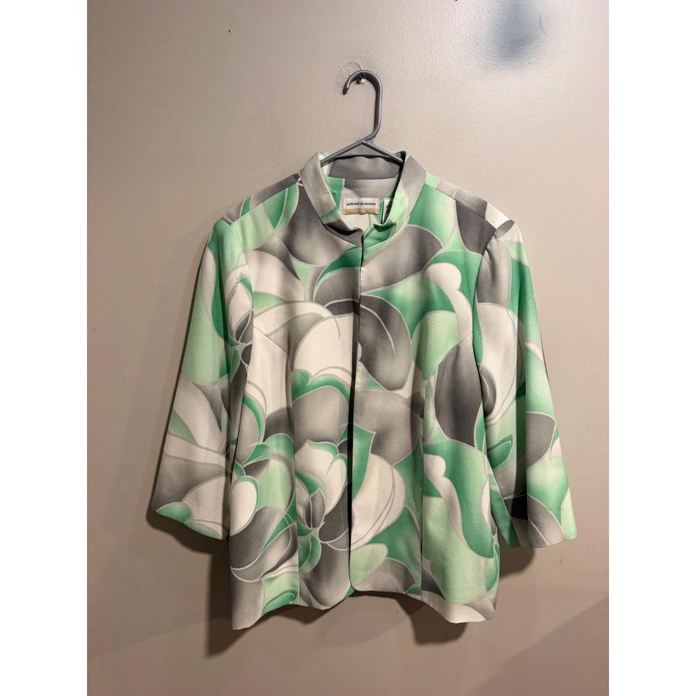 Alfred Dunner Woman Green Grey Floral Abstract Open Front Blazer Jacket 18W